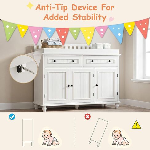 Large Nursery Dresser with Drawers, 47'' White Baby Diaper Changing Table | Scurrty Wood Changing Station for Infants Daycare, Spacious Storage Cabinet, Safety Anti-Tipping Device, No Odor, Heavy Duty in Kuwait