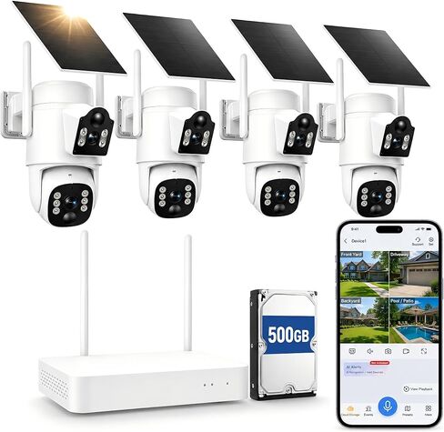 Camcamp Solar Security Cameras Wireless Outdoor, Dual Lens 4-Camera System | 10CH NVR with 500GB Local Storage, 2K Color Night Vision, 2-Way Audio, 2.4/5GHz WiFi, No Monthly Fee for Home Security in Kuwait