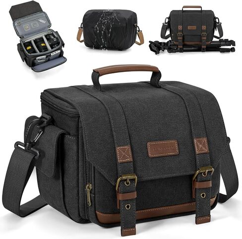 RAINSMORE Camera Sling Bag Canvas Crossbody Camera Case with Rain Cover | Water-resistant Camera Shoulder Bag for DSLR SLR Mirrorless, Small Camera Bags for Photographers with Tripod Holder, Black in Kuwait