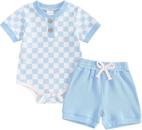 MA&BABY Newborn Baby Boy Girl Clothes 3 6 9 12 18 Months Ribbed Knit Short Sleeve Romper Shorts Set Infant Summer Outfits (Checkered- Sky Blue, 3-6 Months) in Kuwait