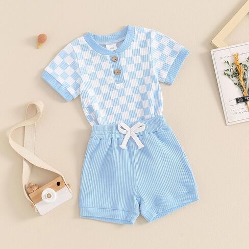 MA&BABY Newborn Baby Boy Girl Clothes 3 6 9 12 18 Months Ribbed Knit Short Sleeve Romper Shorts Set Infant Summer Outfits (Checkered- Sky Blue, 3-6 Months) in Kuwait