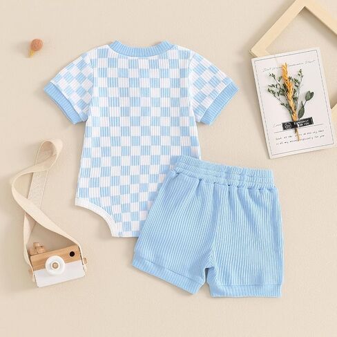 MA&BABY Newborn Baby Boy Girl Clothes 3 6 9 12 18 Months Ribbed Knit Short Sleeve Romper Shorts Set Infant Summer Outfits (Checkered- Sky Blue, 3-6 Months) in Kuwait