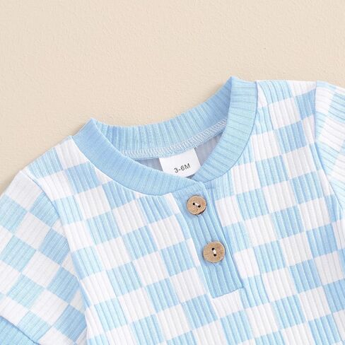 MA&BABY Newborn Baby Boy Girl Clothes 3 6 9 12 18 Months Ribbed Knit Short Sleeve Romper Shorts Set Infant Summer Outfits (Checkered- Sky Blue, 3-6 Months) in Kuwait