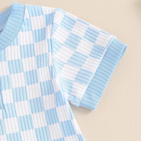 MA&BABY Newborn Baby Boy Girl Clothes 3 6 9 12 18 Months Ribbed Knit Short Sleeve Romper Shorts Set Infant Summer Outfits (Checkered- Sky Blue, 3-6 Months) in Kuwait