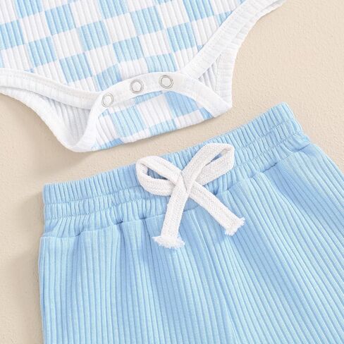 MA&BABY Newborn Baby Boy Girl Clothes 3 6 9 12 18 Months Ribbed Knit Short Sleeve Romper Shorts Set Infant Summer Outfits (Checkered- Sky Blue, 3-6 Months) in Kuwait