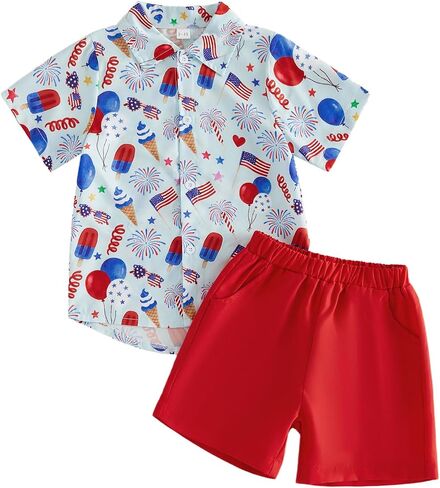 4th of July Outfit Baby Boy Clothes Set Patterned Short-Sleeve Button Down Shirt and Shorts 2 Piece Holiday Outfits in Saudi Arabia