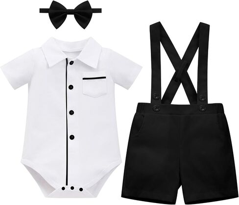 IDOPIP Baby Boy Formal Suit Outfit 3PCS Romper Bowtie Suspender Shorts for Wedding Tuxedo Baptism Cake Smash Birthday 0-18M in Kuwait