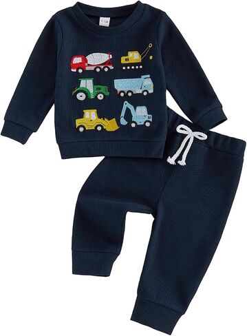 FOCUSNORM Toddler Baby Boy Fall Clothes Truck Embroidered Waffle Long Sleeve Sweatshirt and Pants 2 Pcs Set Winter Outfit in Kuwait