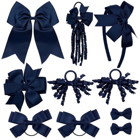 Navy Blue School Hair Bow Accessories Set Uniform Hair Bows Clips Headband | 10Pcs Hair Bow Accessories, Hair Ties, Ponytail Holder, Curly Korker Bows, School, Toddler, Girls in Kuwait