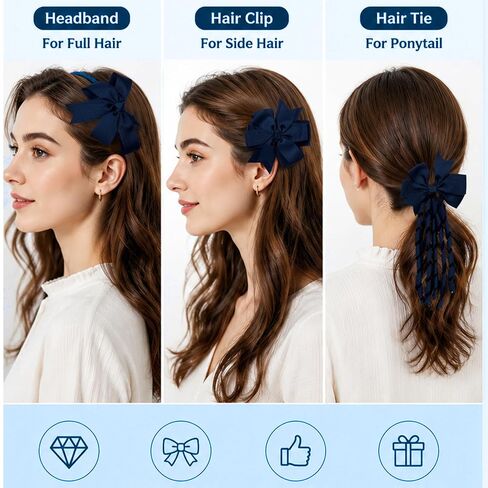Navy Blue School Hair Bow Accessories Set Uniform Hair Bows Clips Headband | 10Pcs Hair Bow Accessories, Hair Ties, Ponytail Holder, Curly Korker Bows, School, Toddler, Girls in Kuwait