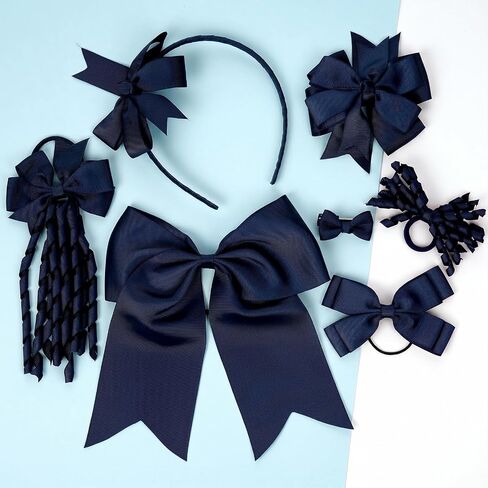 Navy Blue School Hair Bow Accessories Set Uniform Hair Bows Clips Headband | 10Pcs Hair Bow Accessories, Hair Ties, Ponytail Holder, Curly Korker Bows, School, Toddler, Girls in Kuwait