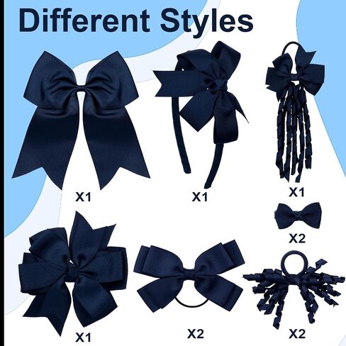 Navy Blue School Hair Bow Accessories Set Uniform Hair Bows Clips Headband | 10Pcs Hair Bow Accessories, Hair Ties, Ponytail Holder, Curly Korker Bows, School, Toddler, Girls in Kuwait