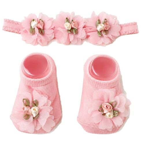 Baby Girl Nylon Flower Headband and Non-Slip Floral Socks Set for Toddlers in Kuwait