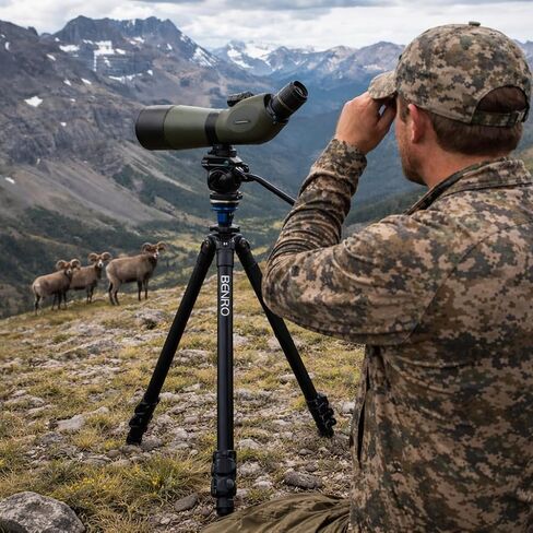 Benro A1573F Aluminum Tripod for Spotting Scopes, Binoculars, Outdoor Field Viewing, Leveling Base, Smooth Fluid Head w/Sliding QR Plate, Flip Locks, Case, Adjustable Legs, 62" Max Ht, 5.5lb Payload in Kuwait