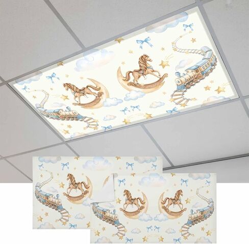 Blue Cartoon Magnetic Fluorescent Light Covers for Ceiling Lights 2x4 Ft, Star Cute Hobbyhorse Train Cloud Office Classroom Kitchen Drop Ceiling Light Covers Lighting Filters Shade Panel 3 Packs in Kuwait