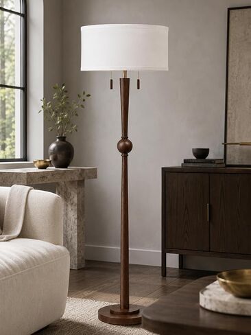 MOFFE Solid Wood Floor Lamp for Living Room,Pull Chains Standing Lamp | 62.8" Tall,17" White Drum Shade,Sculptural Wood Base & Stem,2-Light Design,Standing Lamp for Bedroom,2 Bulbs Included in Kuwait