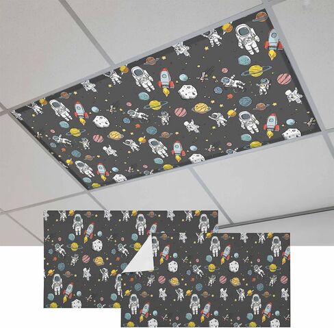 Grey Space Magnetic Fluorescent Light Covers for Ceiling Lights 2x4 Ft, Cartoon Cute Spaceship Planet Star Funny Office Classroom Kitchen Drop Ceiling Light Covers Lighting Filters Shade Panel 3 Packs in Kuwait