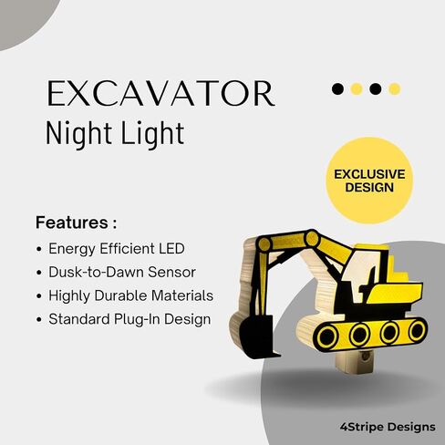 3D Printed Excavator Night Light Plug-in Wall – Construction Digger LED Nursery Lamp with Dusk to Dawn Sensor – Kids Boys Bedroom Decor - Birthday Gift in Kuwait