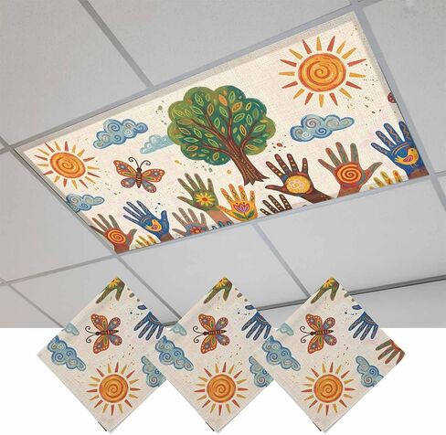 Children's Day Magnetic Fluorescent Light Covers for Ceiling Lights 2x4 Ft,Cartoon Handprint Butterfly Retro Beige Office Classroom Kitchen Drop Ceiling Light Covers Filters Shade Panel 3 Packs in Kuwait