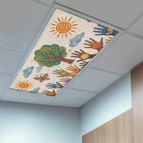 Children's Day Magnetic Fluorescent Light Covers for Ceiling Lights 2x4 Ft,Cartoon Handprint Butterfly Retro Beige Office Classroom Kitchen Drop Ceiling Light Covers Filters Shade Panel 3 Packs in Kuwait