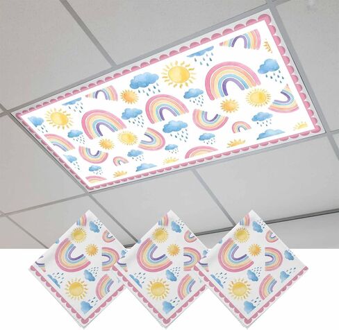 Rainbow Sunshine Magnetic Fluorescent Light Covers for Ceiling Lights 2x4 Ft, Rainy Cute Pink Border Office Classroom Kitchen Drop Ceiling Light Covers Lighting Filters Shade Panel 3 Packs in Kuwait