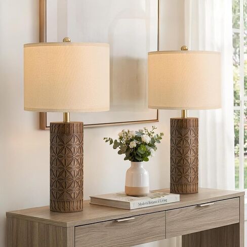 BOBOMOMO 26" Farmhouse Table Lamps Set of 2 - Vintage Leaf Design, Rustic Resin Nightstand Lamps for Bedroom, Living Room, Nursery, Hallway, Elegant Living Room Lamps with Linen Shades Antique Brown in Kuwait