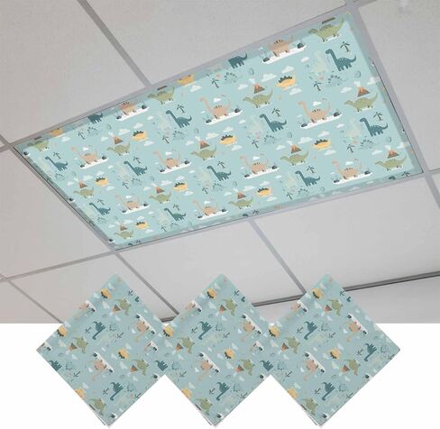 Cartoon Animals Magnetic Fluorescent Light Covers for Ceiling Lights 2x4 Ft,Funny Dinosaur Tropical Plants Forest Office Classroom Kitchen Drop Ceiling Light Covers Filters Shade Panel 3 Packs in Kuwait