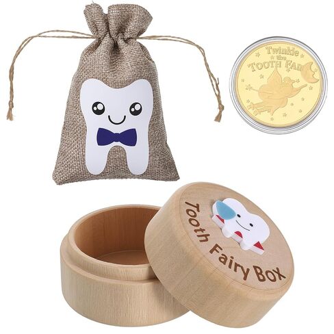 Gjinxi Tooth Fairy Box for Kids Wooden 3D Carved Keepsake Collection Lost Teeth Storage Container Box with Storage Pouch and Reward Coins Tooth Fairy Gifts to Place Under Pillow for Boy Girl in Kuwait
