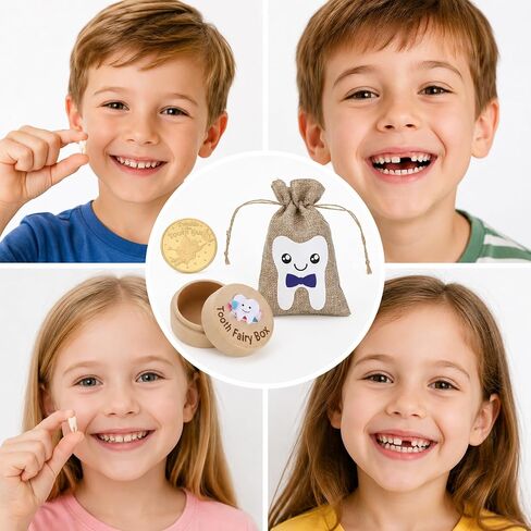 Gjinxi Tooth Fairy Box for Kids Wooden 3D Carved Keepsake Collection Lost Teeth Storage Container Box with Storage Pouch and Reward Coins Tooth Fairy Gifts to Place Under Pillow for Boy Girl in Kuwait