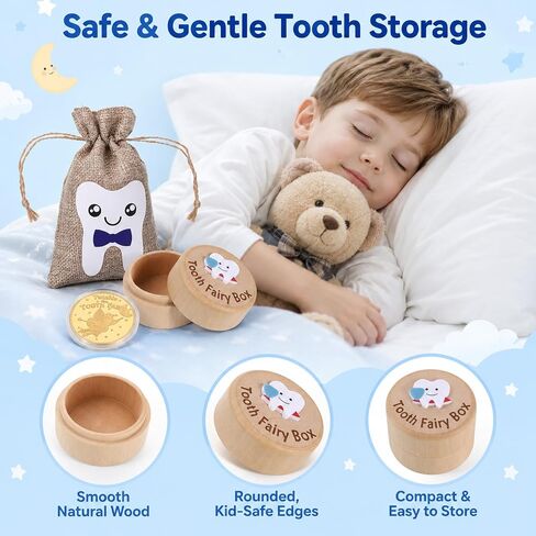 Gjinxi Tooth Fairy Box for Kids Wooden 3D Carved Keepsake Collection Lost Teeth Storage Container Box with Storage Pouch and Reward Coins Tooth Fairy Gifts to Place Under Pillow for Boy Girl in Kuwait