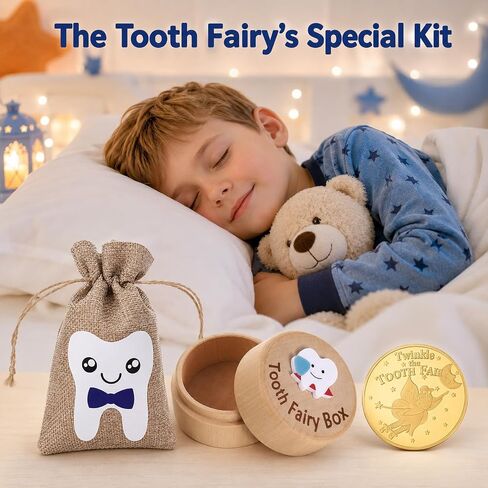 Gjinxi Tooth Fairy Box for Kids Wooden 3D Carved Keepsake Collection Lost Teeth Storage Container Box with Storage Pouch and Reward Coins Tooth Fairy Gifts to Place Under Pillow for Boy Girl in Kuwait