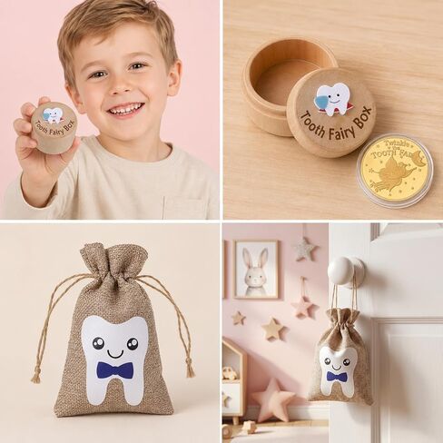 Gjinxi Tooth Fairy Box for Kids Wooden 3D Carved Keepsake Collection Lost Teeth Storage Container Box with Storage Pouch and Reward Coins Tooth Fairy Gifts to Place Under Pillow for Boy Girl in Kuwait