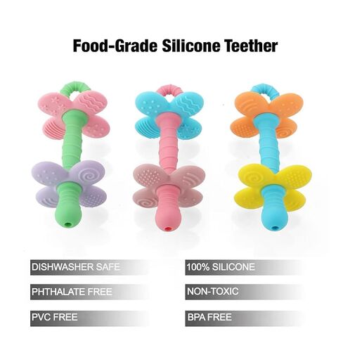PandaEar 3 Pack Silicone Flower Baby Teether, Nipple-Shaped Gum Massager with Anti-Choke Guard, Easy-Grip Textured Teething Tube in Kuwait