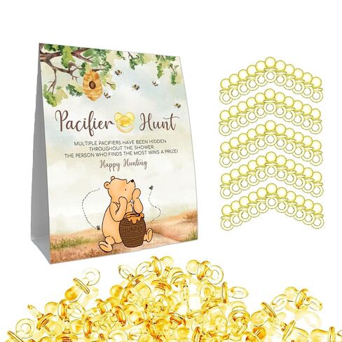 Winnie Mini Pacifiers Baby Shower Game, Pacifiers Hunt Sign, Classic Pooh Baby Shower Game Set, 50Pcs Yellow Mini Pacifiers Decor for Baby Shower, Baby Shower Game Supplies in Kuwait