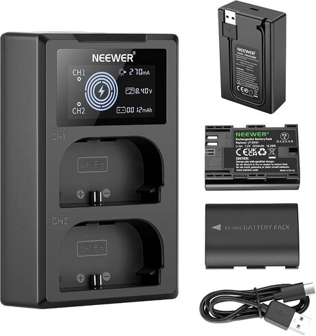 Neewer Replacement Battery and Charger Set for LP-E6NH, Compatible with Canon EOS R7 R5 R6, 5D III IV, 6D II, 7D II, 80D, 90D, 2 Pack 2250mAh Batteries, Dual USB Charger with LCD Screen, USB-C Cable in Kuwait