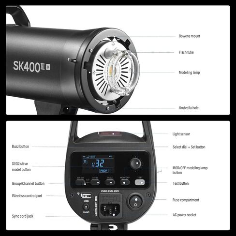 Godox Sk400iii v Sk400iiiv Kit 400Ws Professional Strobe Flash GN65 5700K 0.1-1.5s Recycle Bowens Mount Photography Light Set with Built-in Godox 2.4G Wireless X System and 10W Modeling Lamp in Kuwait