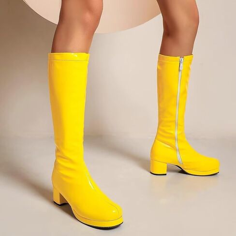 Agodor Women's 70's Gogo Boots Chunky Knee High Platform Boots with Zipper (US 12, yellow) in Kuwait