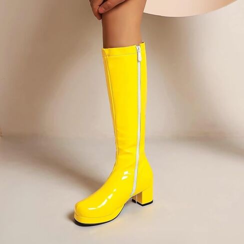 Agodor Women's 70's Gogo Boots Chunky Knee High Platform Boots with Zipper (US 12, yellow) in Kuwait