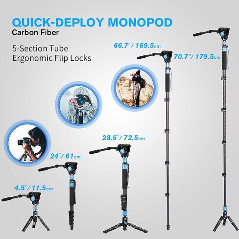 SIRUI P-325FL Carbon Fiber Camera Monopod Kit, 70.7" Lightweight Professional Video Monopod with VH-10 Fluid Video Head, Tripod Base, Flip Locks for DSLR Camera, Max Loading 13.2lbs in Kuwait