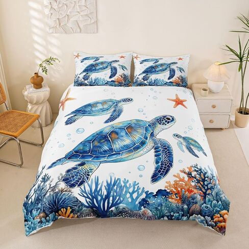 Sea Turtle Duvet Cover Set,Marine Creatures Comforter Cover Toddler Size Underwater World Sea Life 2 Pcs Bedding Set with Zipper Ties for Kids Boys Girls Bedroom Decor(No Comforter),Blue White in Kuwait