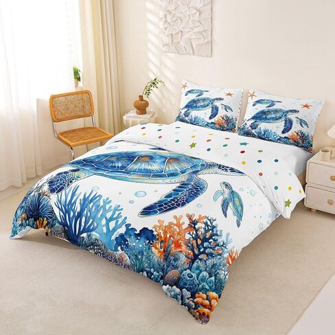 Sea Turtle Duvet Cover Set,Marine Creatures Comforter Cover Toddler Size Underwater World Sea Life 2 Pcs Bedding Set with Zipper Ties for Kids Boys Girls Bedroom Decor(No Comforter),Blue White in Kuwait