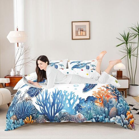 Sea Turtle Duvet Cover Set,Marine Creatures Comforter Cover Toddler Size Underwater World Sea Life 2 Pcs Bedding Set with Zipper Ties for Kids Boys Girls Bedroom Decor(No Comforter),Blue White in Kuwait