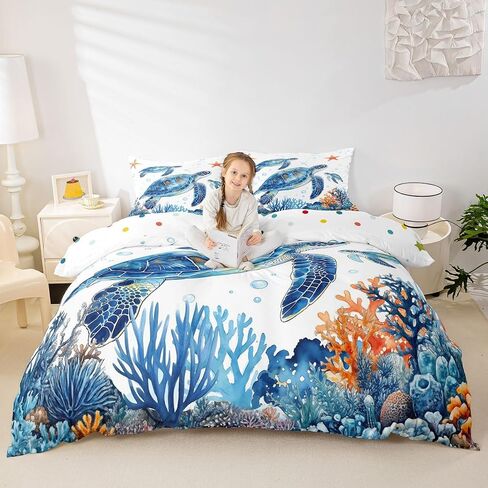 Sea Turtle Duvet Cover Set,Marine Creatures Comforter Cover Toddler Size Underwater World Sea Life 2 Pcs Bedding Set with Zipper Ties for Kids Boys Girls Bedroom Decor(No Comforter),Blue White in Kuwait