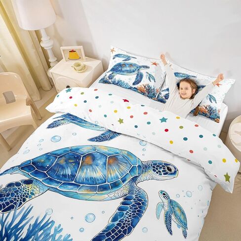 Sea Turtle Duvet Cover Set,Marine Creatures Comforter Cover Toddler Size Underwater World Sea Life 2 Pcs Bedding Set with Zipper Ties for Kids Boys Girls Bedroom Decor(No Comforter),Blue White in Kuwait