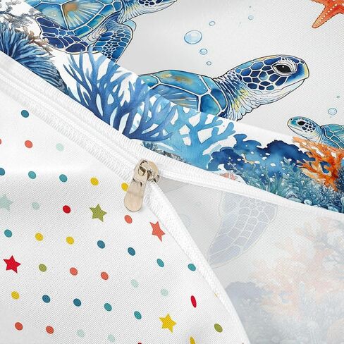 Sea Turtle Duvet Cover Set,Marine Creatures Comforter Cover Toddler Size Underwater World Sea Life 2 Pcs Bedding Set with Zipper Ties for Kids Boys Girls Bedroom Decor(No Comforter),Blue White in Kuwait