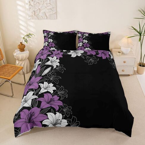 Castle Fairy Purple Floral Duvet Cover Set,Minimalist Comforter Cover Toddler Size Rustic Farmhouse 2 Pcs Bedding Set with Zipper Ties for Kids Boys Girls Bedroom Decor(No Comforter),Black Purple in Kuwait