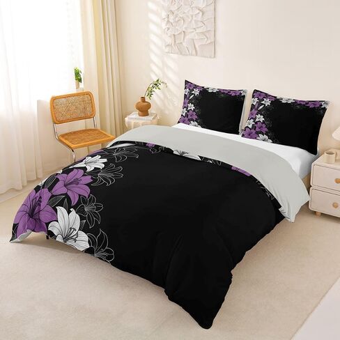 Castle Fairy Purple Floral Duvet Cover Set,Minimalist Comforter Cover Toddler Size Rustic Farmhouse 2 Pcs Bedding Set with Zipper Ties for Kids Boys Girls Bedroom Decor(No Comforter),Black Purple in Kuwait