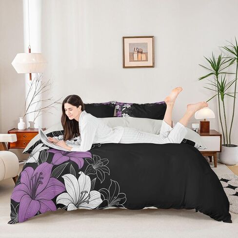 Castle Fairy Purple Floral Duvet Cover Set,Minimalist Comforter Cover Toddler Size Rustic Farmhouse 2 Pcs Bedding Set with Zipper Ties for Kids Boys Girls Bedroom Decor(No Comforter),Black Purple in Kuwait