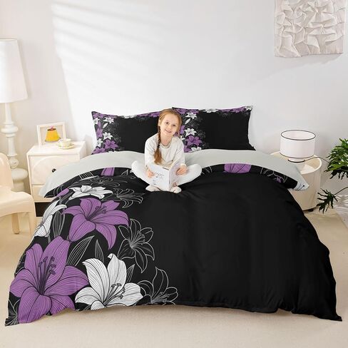 Castle Fairy Purple Floral Duvet Cover Set,Minimalist Comforter Cover Toddler Size Rustic Farmhouse 2 Pcs Bedding Set with Zipper Ties for Kids Boys Girls Bedroom Decor(No Comforter),Black Purple in Kuwait