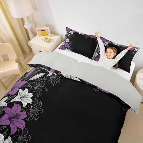 Castle Fairy Purple Floral Duvet Cover Set,Minimalist Comforter Cover Toddler Size Rustic Farmhouse 2 Pcs Bedding Set with Zipper Ties for Kids Boys Girls Bedroom Decor(No Comforter),Black Purple in Kuwait
